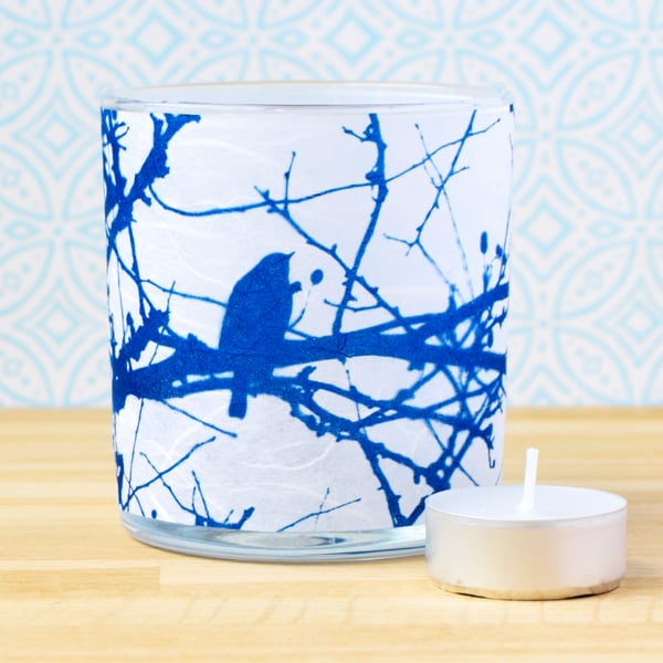 Robin in branches Cyanotype candle holder Seconds Sunday 