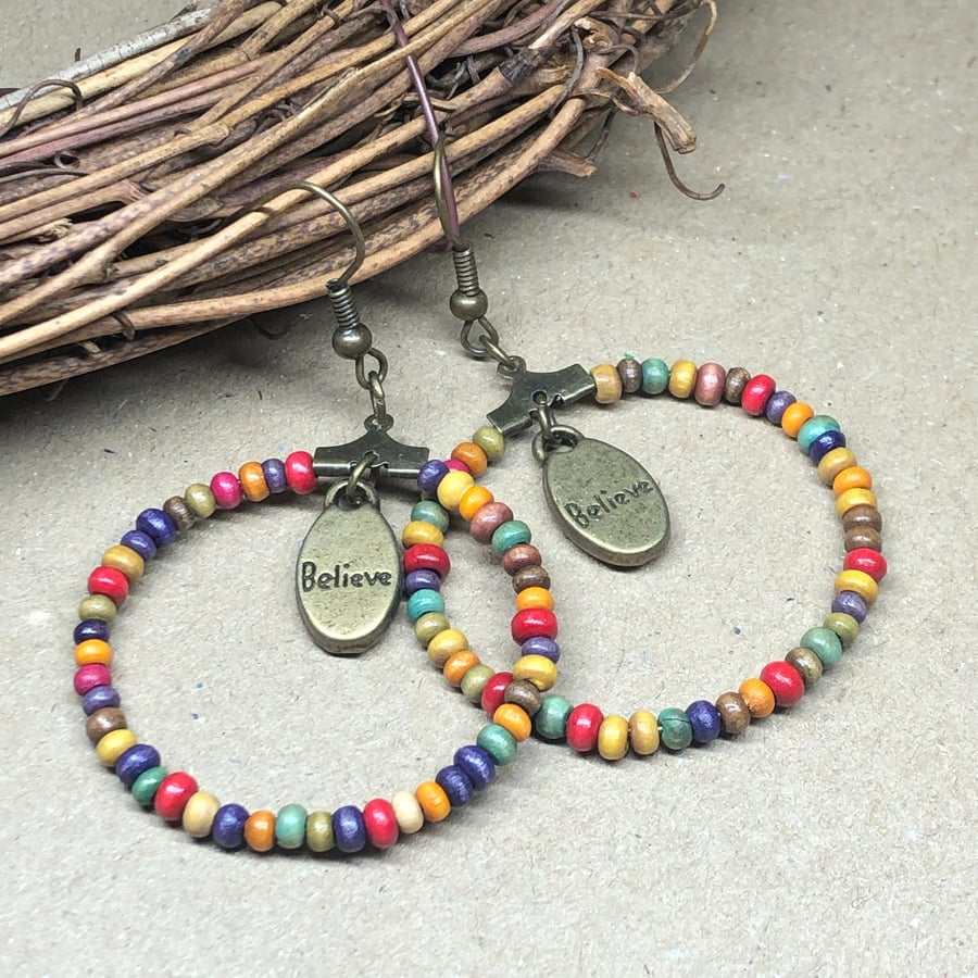 Wooden rainbow hoop earrings