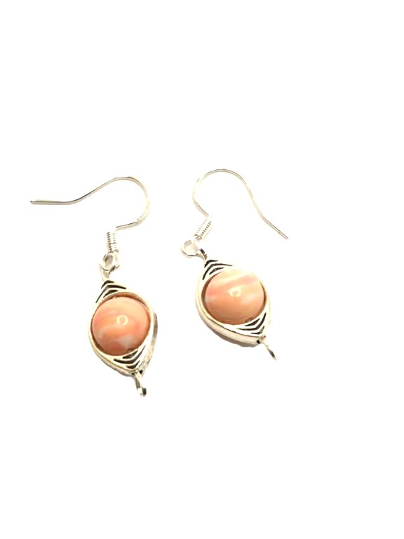 Pair of ladies earrings with Rhodochrosite beads in silvertone connectors