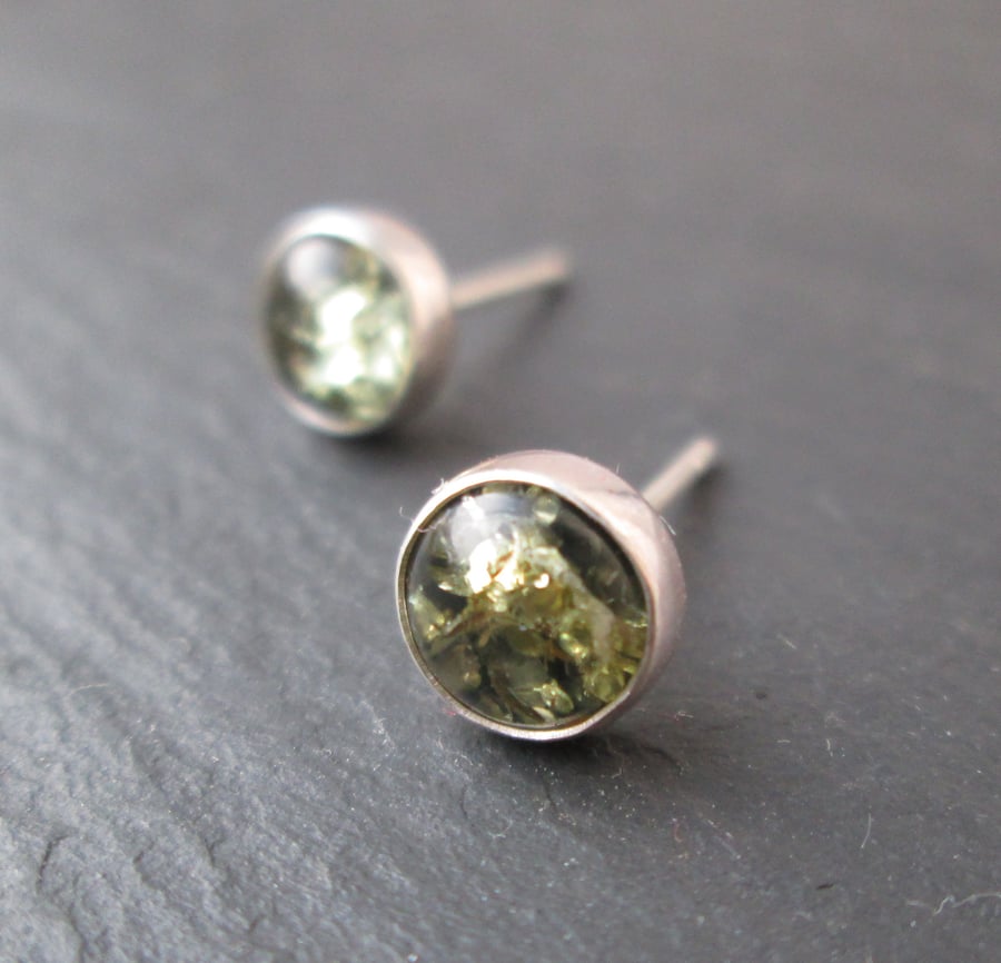 Silver Studs with green amber - Amber Jewellery, Amber Earrings, Gift Jewellery