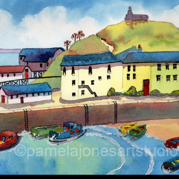 Watercolour Print :: Tenby Harbour, Pembrokeshire, in 14 x 11'' Mount