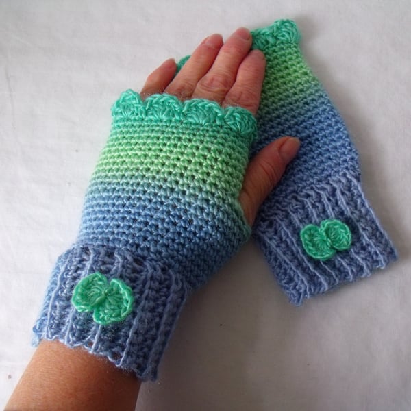 blue green crocheted fingerless gloves, girls fingerless mittens, small