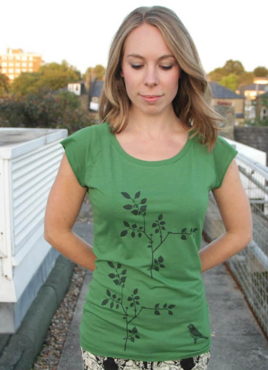 Plant and bird design womens leaf green raglan printed T shirt 