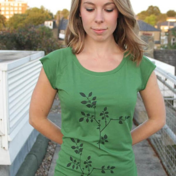 Plant and bird womens green bamboo cap sleeve printed T shirt size extra large