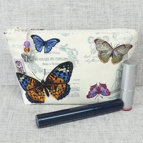 Makeup bag, zipped pouch, cosmetic bag, butterflies