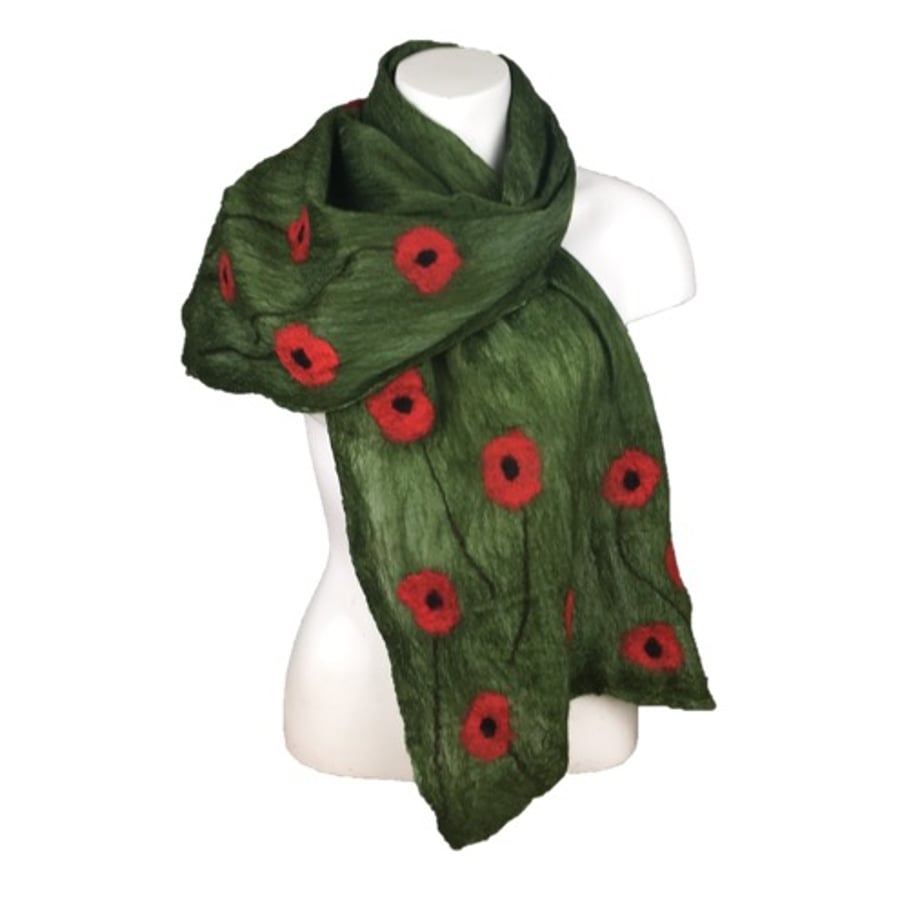 Merino wool scarf, green with poppies, nuno felted on silk