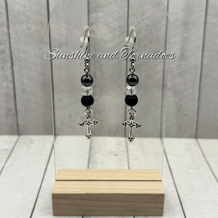 Handmade hypoallergenic Obsidian, Hematite & Czech Crystal Cross Earrings