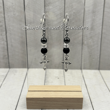 Handmade hypoallergenic Obsidian, Hematite & Czech Crystal Cross Earrings