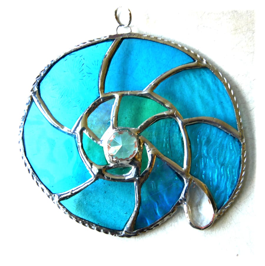 Ammonite Stained Glass Suncatcher Turquoise Sea-Colours 053