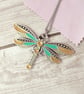 Gold and green dragonfly pendant, handpainted necklace iridescent enamels - Image 4