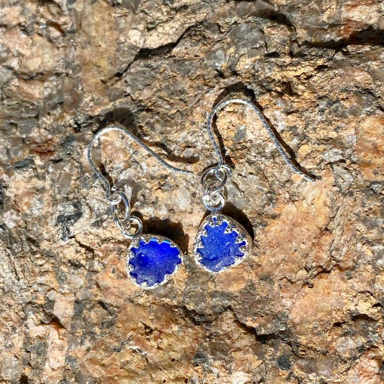 Cobalt Blue Seaglass Drop Earrings - 1374