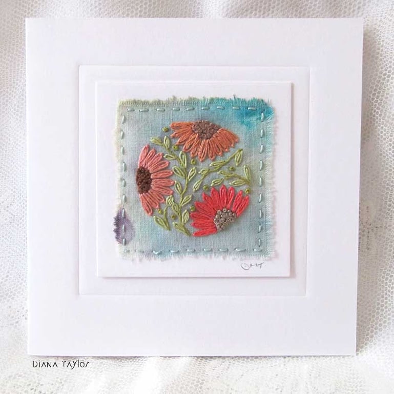 HAND EMBROIDERED FLORAL GREETING CARD ON HAND DYED FABRIC