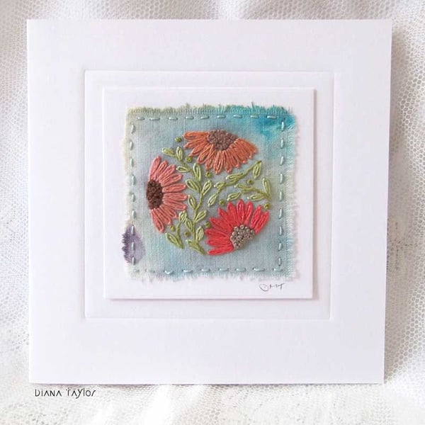 HAND EMBROIDERED FLORAL GREETING CARD ON HAND DYED FABRIC