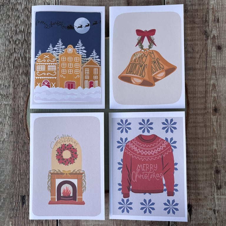 Christmas Cards: Mixed Set of Four, Gingerbread House, Christmas Jumper, Bells, 
