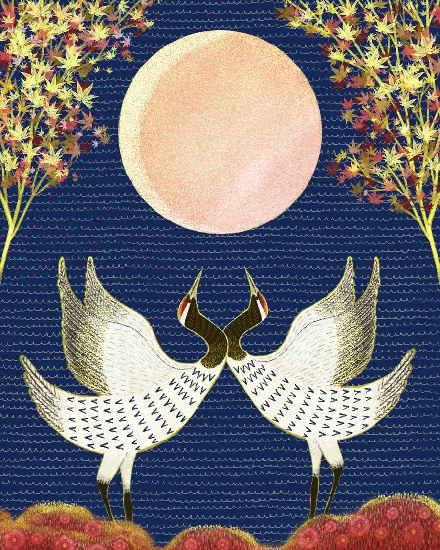 Japanese Cranes, blank greetings card 