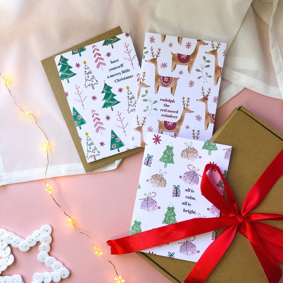 Winter Animals Christmas Card Set Pack of 3, 6, 9 A6 Cards Reindeer, Hedgehog