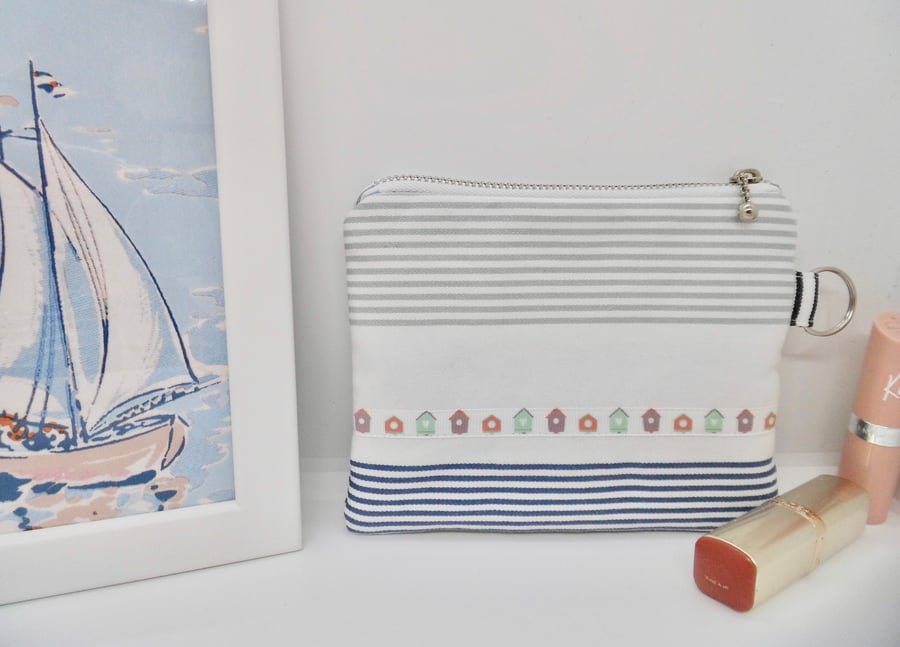 Make up bag purse blue stripes and beach huts