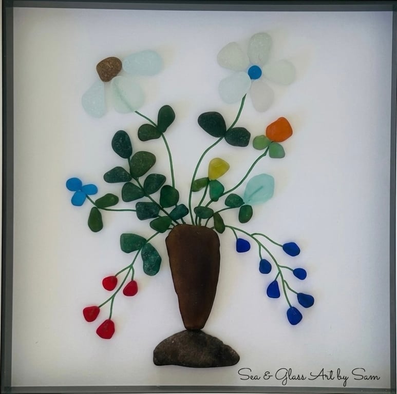 Handmade Sea Glass Floral Bouquet Picture - Framed 8x8 Elegant Brown Vase Art