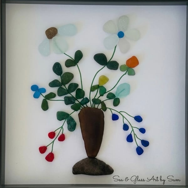 Handmade Sea Glass Floral Bouquet Picture - Framed 8x8 Elegant Brown Vase Art