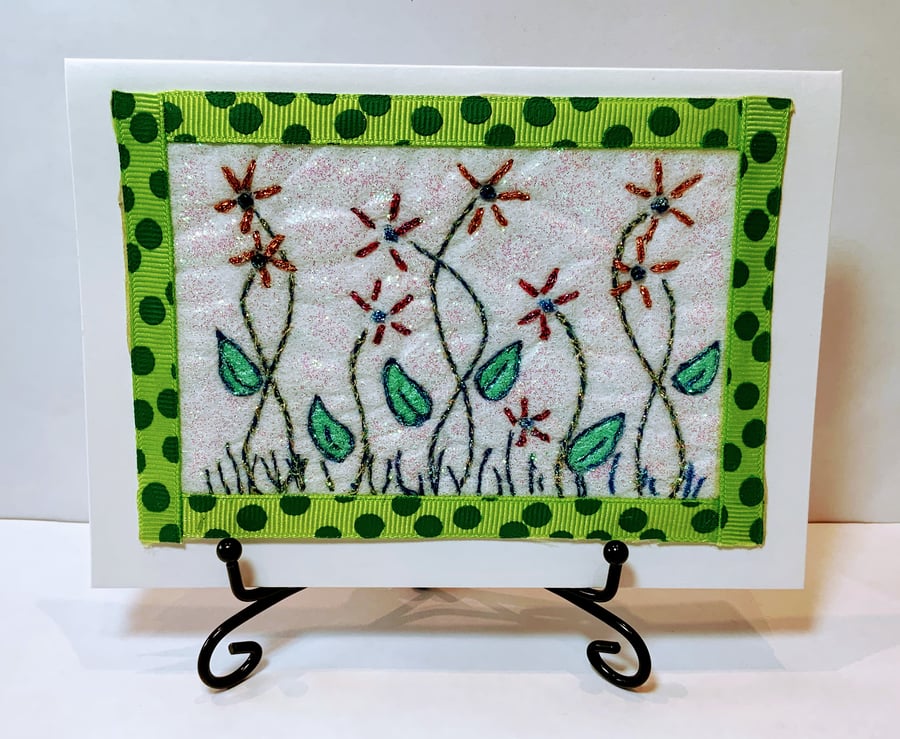 'Summer Blooms'  Hand Embroidered Textile Art Card