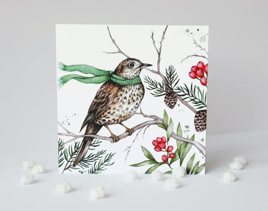 Song Thrush Christmas Card Watercolour Illustration Xmas Greetings Card