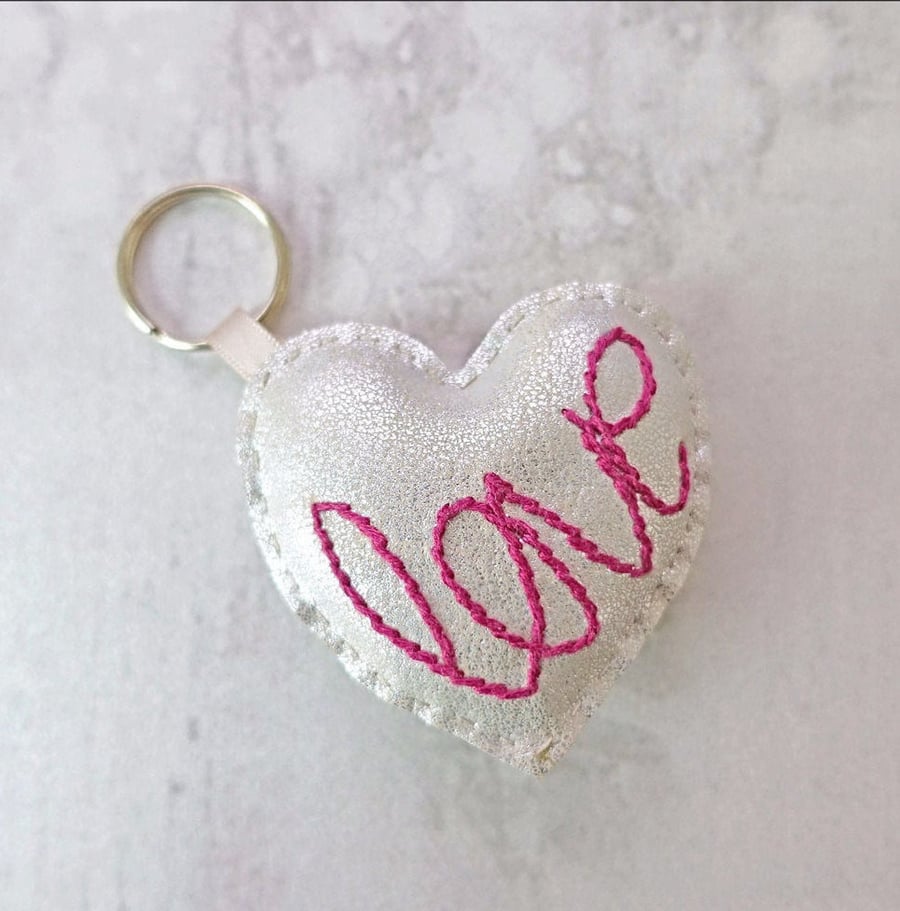 Pink Love Heart Hand Stitched Keyring