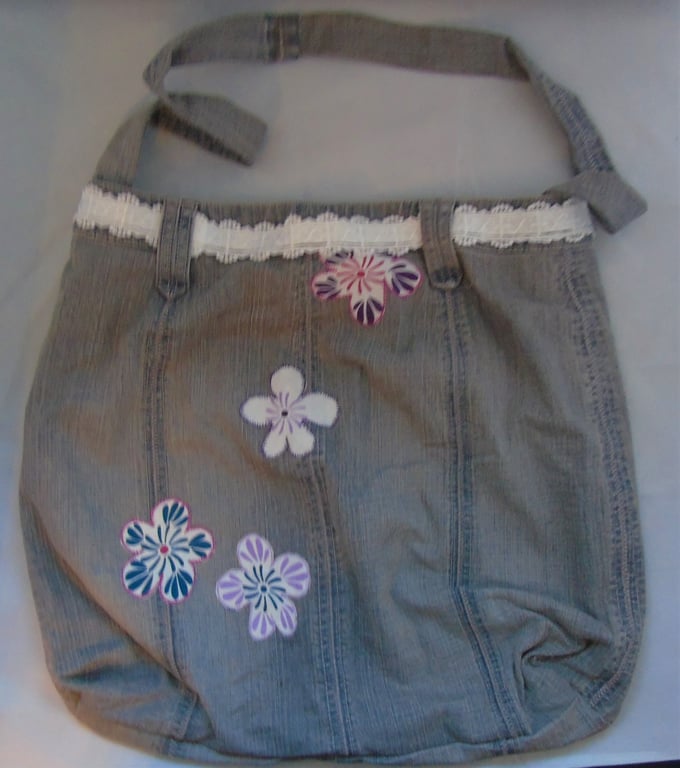 Upcycled Denim Flower Power Shoulder Book Bag