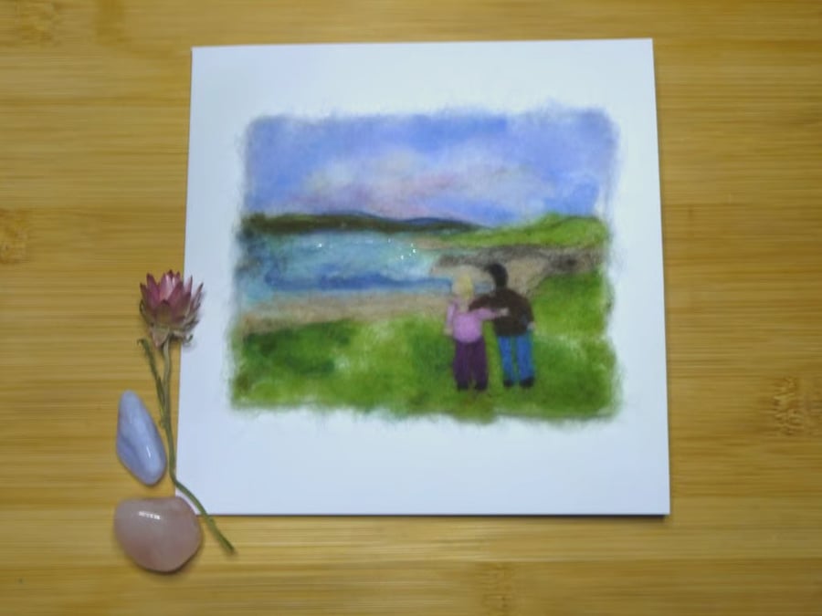 Handmade needle felted Couple by the bay greetings card