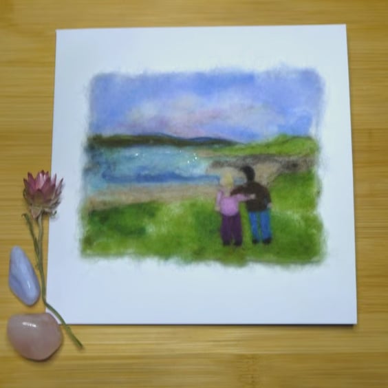 Handmade needle felted Couple by the bay greetings card