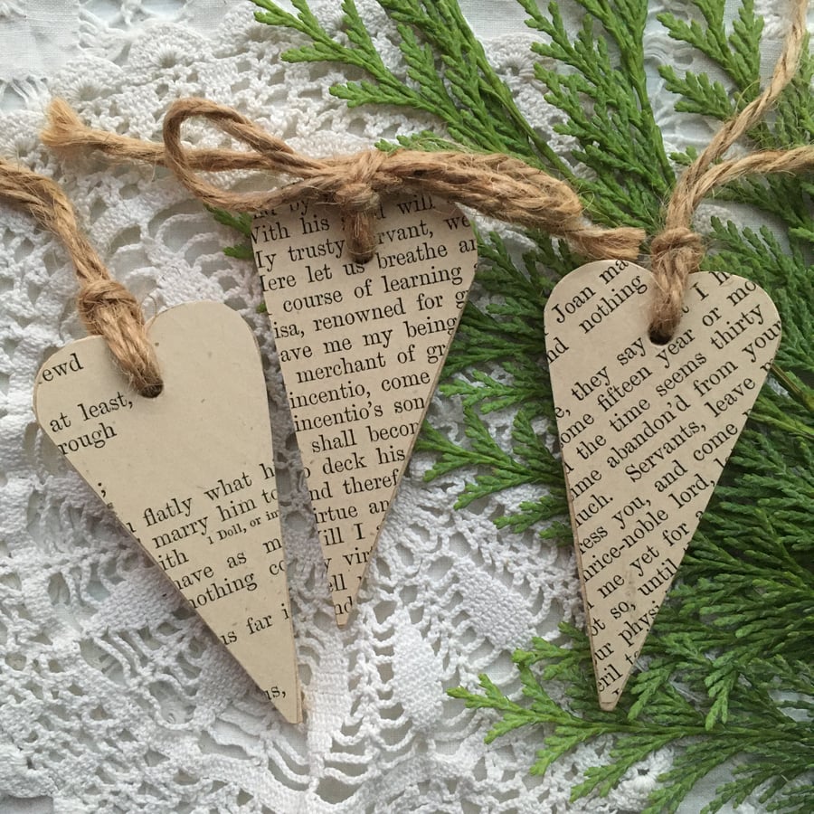 Small wooden paper covered hearts - string tie