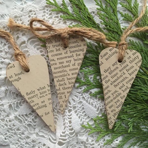 Small wooden paper covered hearts - string tie