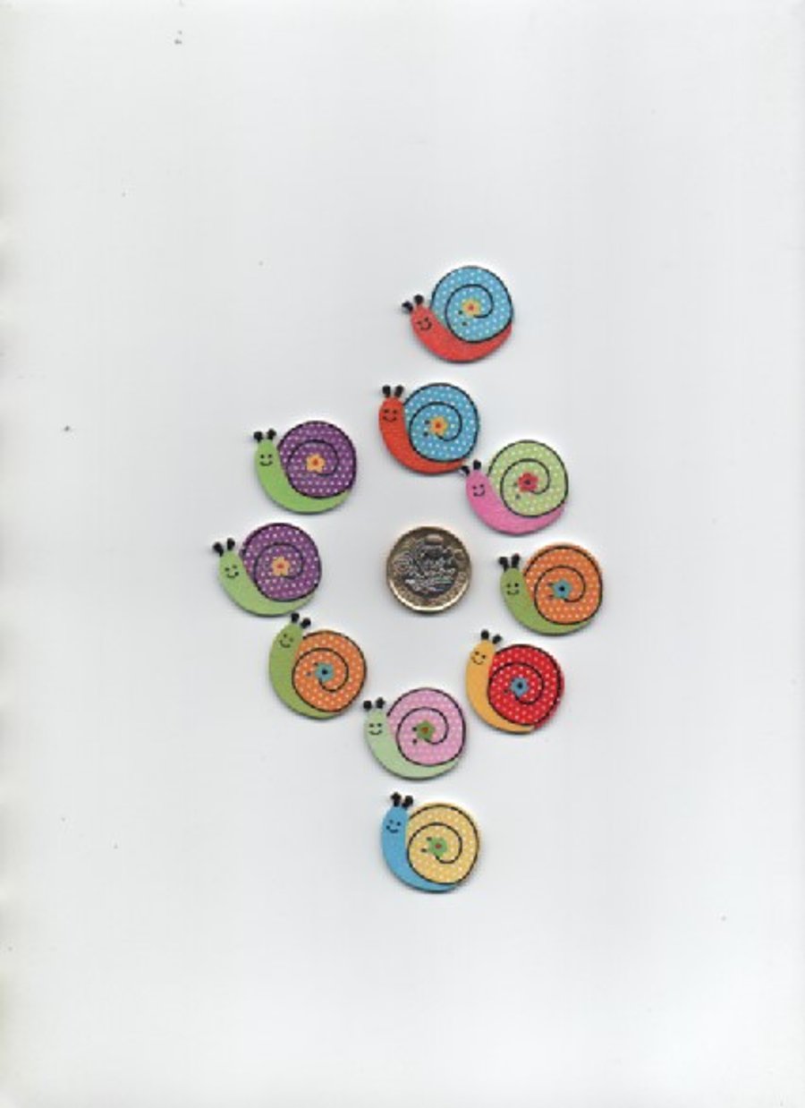 Pack of 10 assorted comical painted shaped wooden SNAIL  buttons CLEARANCE