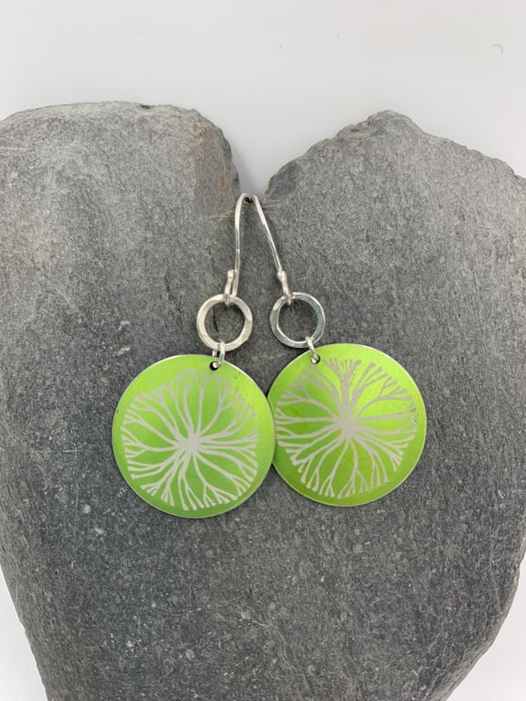 Lime green aluminium circle tree earrings with silver ring