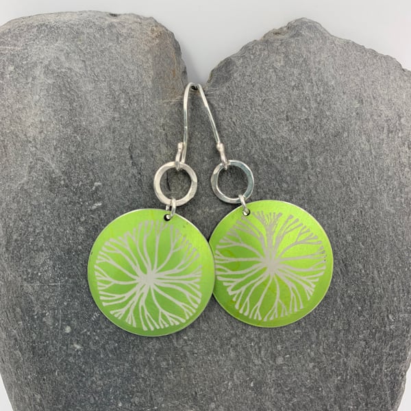 Lime green aluminium circle tree earrings with silver ring