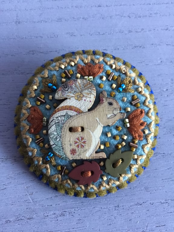 Hand Embroidered Leafy Squirrel Brooch
