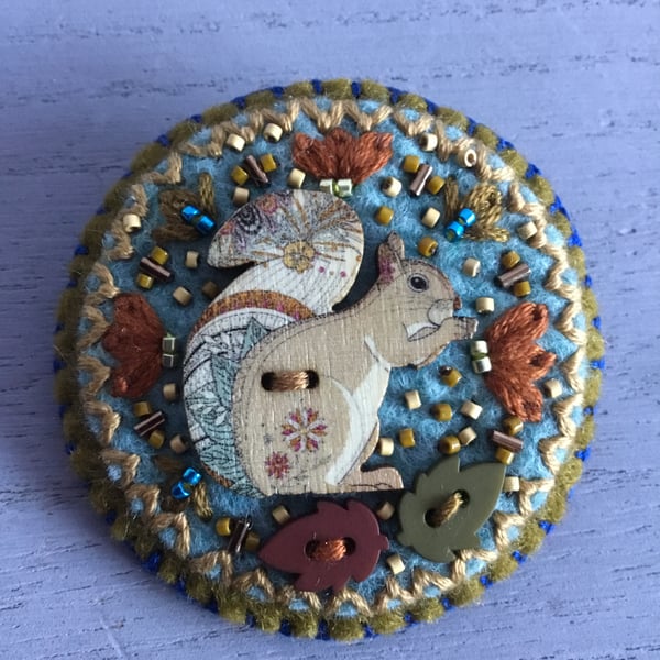 Hand Embroidered Leafy Squirrel Brooch