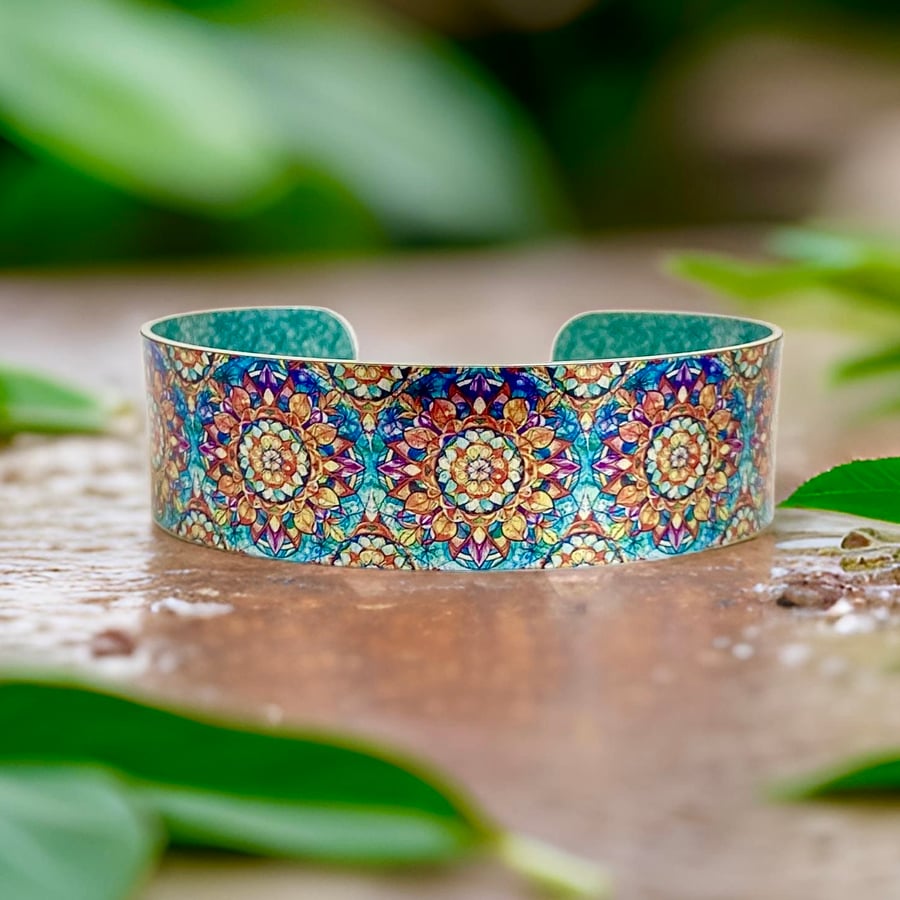 Mandala bangle, teal orange cuff bracelet. Can be personalised (M05)