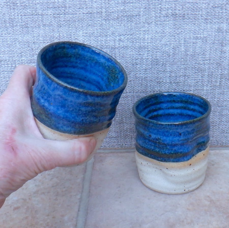 Pair of whisky tumbler or espresso coffee cup in stoneware hand thrown pottery