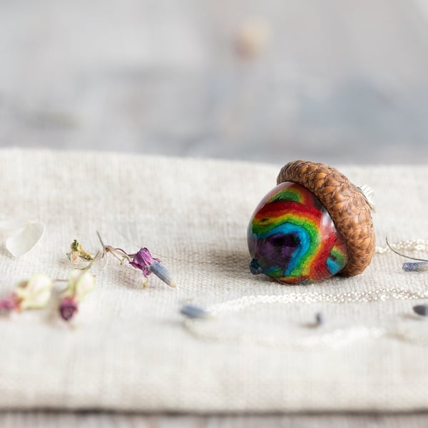 Rainbow Acorn Necklace Real Flower Jewellery Autumn Woodland Necklace Fairytale 