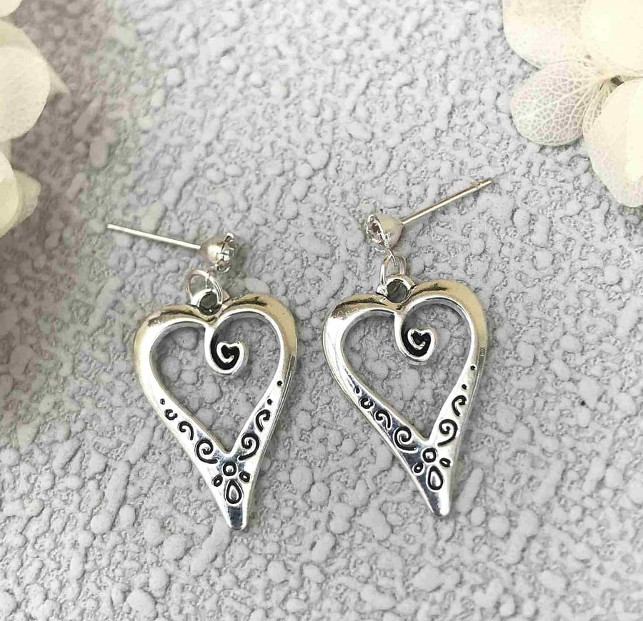 Silver Heart Charm Drop Earrings