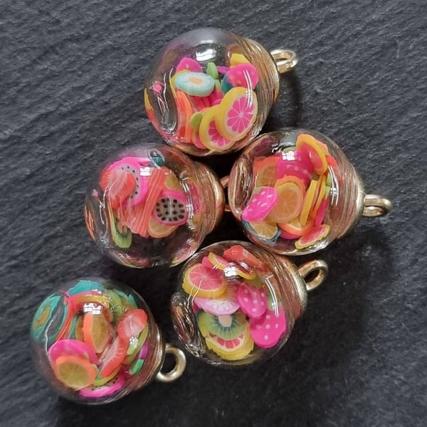 5 multi coloured fruit polymer clay charms