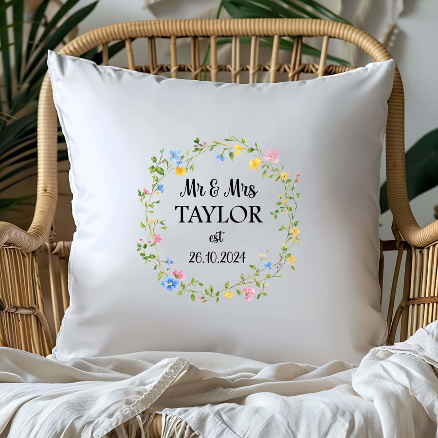Spring Flowers Wedding cushion personalised, Mr and Mrs gift, wedding present