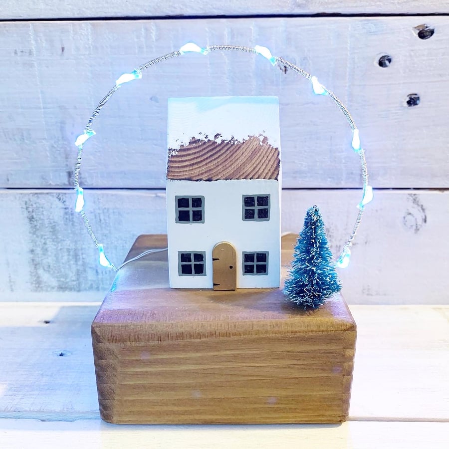 Handmade Wooden Winter House with Fairy Lights and Tree