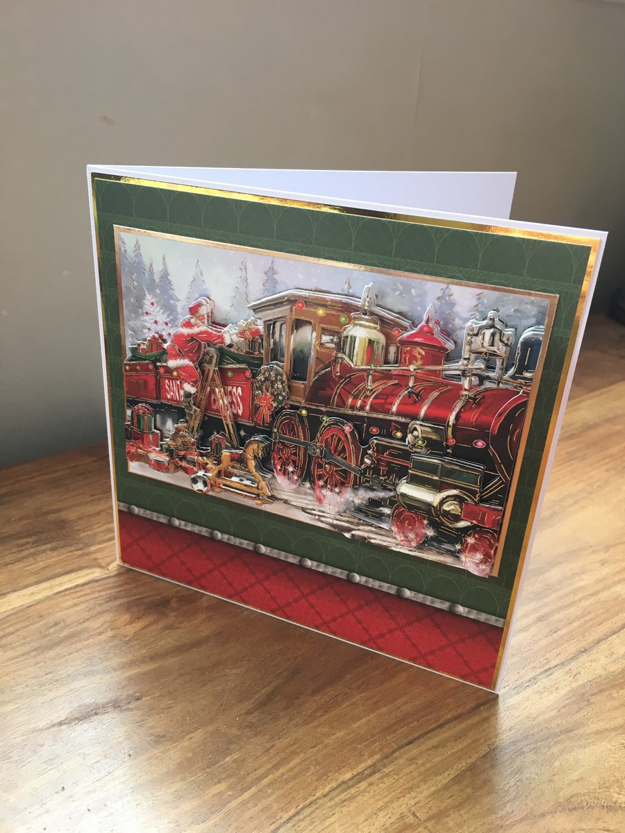 3D Santa Claus & Train Handmade Christmas Card - Decoupage - Blank Inside