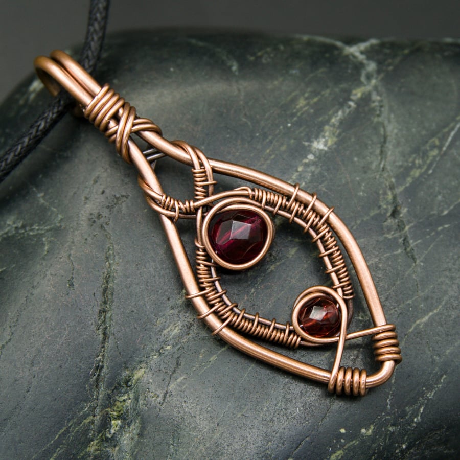 Copper Wire Weave Pointed Drop Pendant with Red Beads