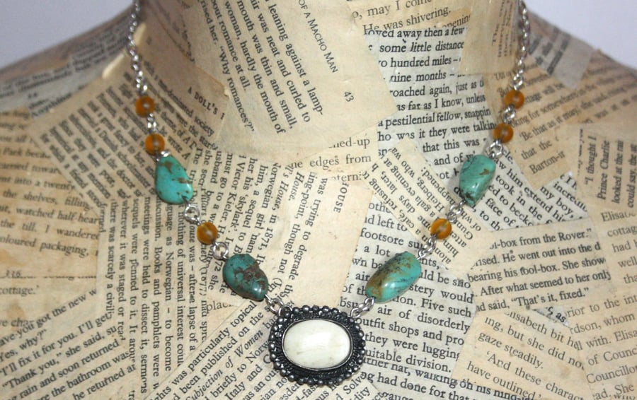 Amber Colour Turquoise Type Stone Cabochon Charm Necklace