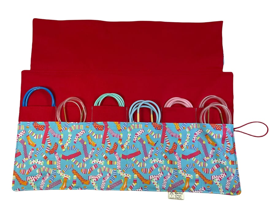 Circular needle case with socks print, fixed needle wallet, sock knitters pouch,