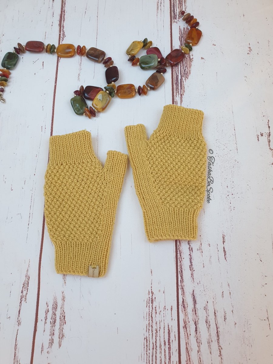 Hand knitted yellow mittens, Women fingerless merino gloves, Gift for her