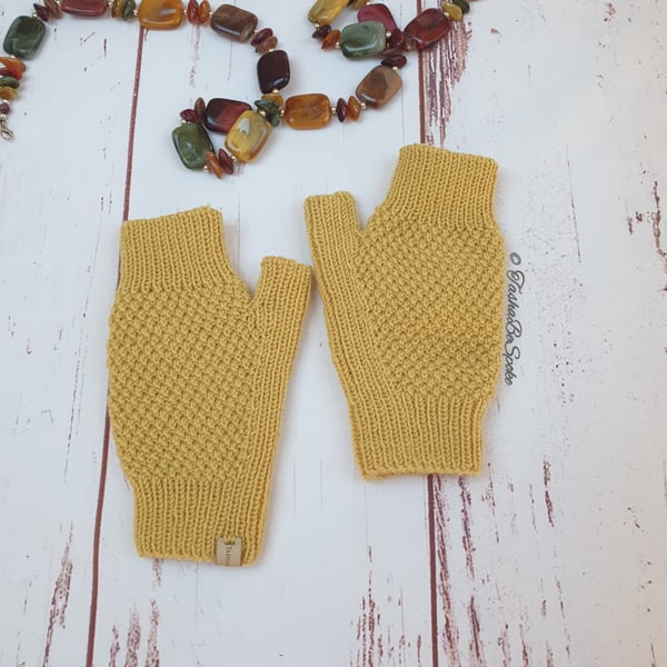 Hand knitted yellow mittens, Women fingerless merino gloves, Gift for her