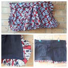 Black denim apron pinny with skull frills and pockets. SALE 